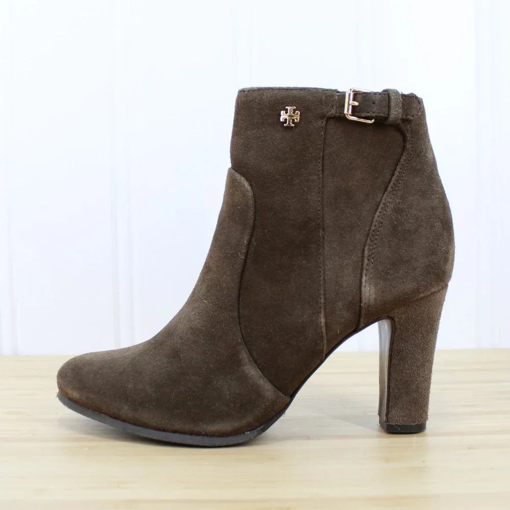 TORY BURCH Brown Suede Side Zip Ankle Stacked Heels Booties Size 7 M - Picture 1 of 9
